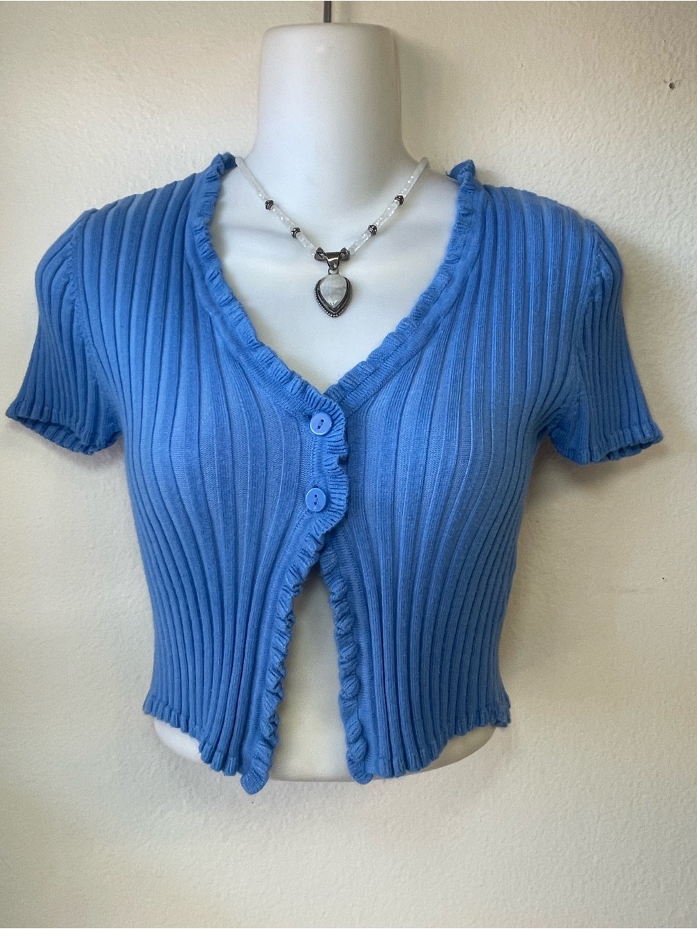 Love Tree Sky Blue Ribbed Button-Front Crop Top